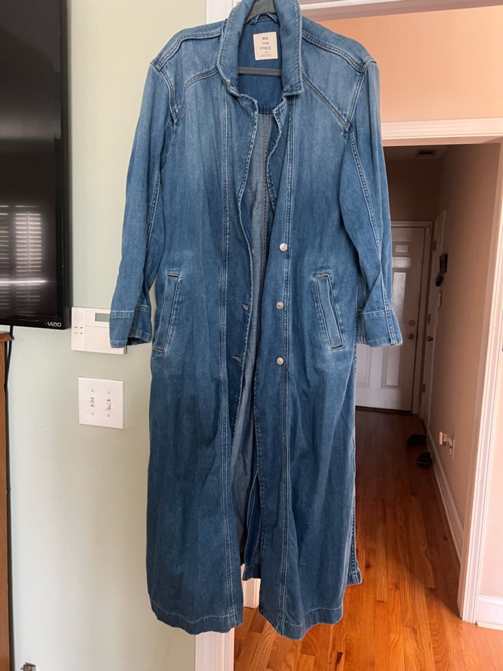 Free people Long Denim Trench Coat in Medium Blue